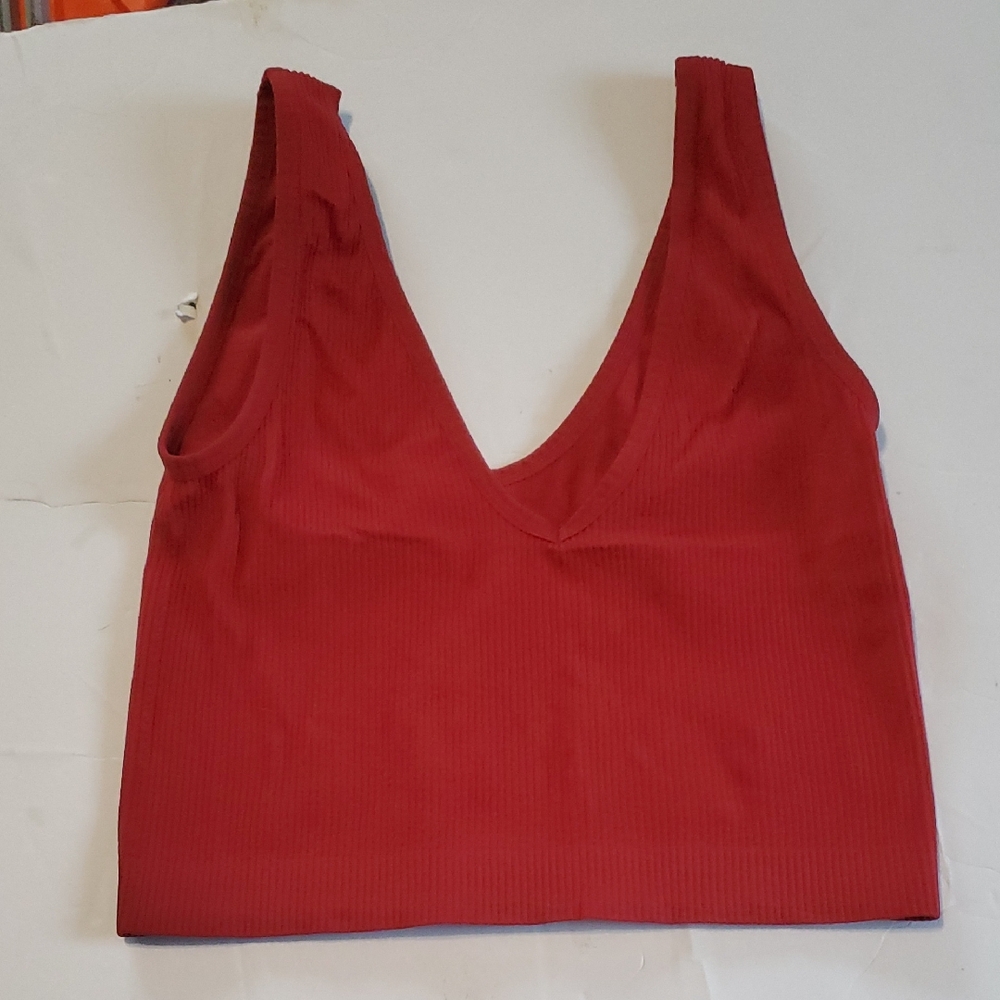 Red Ribbed V-Neck Crop Top